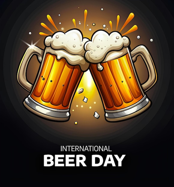 El diseño del volante del Día Internacional de la Cerveza con dos tazas de cerveza anima
