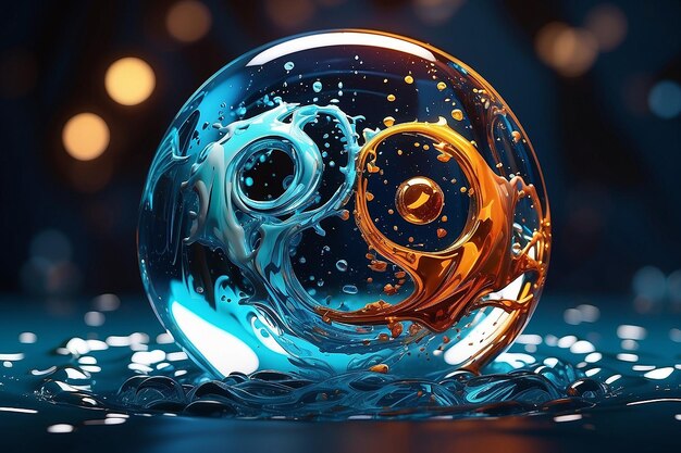 Un diseño Yin Yang creado en una burbuja de agua en tonos de azul