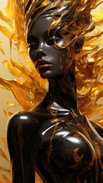 Diseños abstractos de oro negro con una mujer al estilo de la fusión.