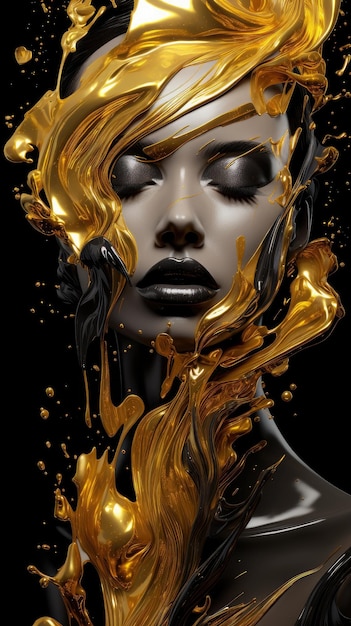 Diseños abstractos de oro negro con una mujer al estilo de la fusión.