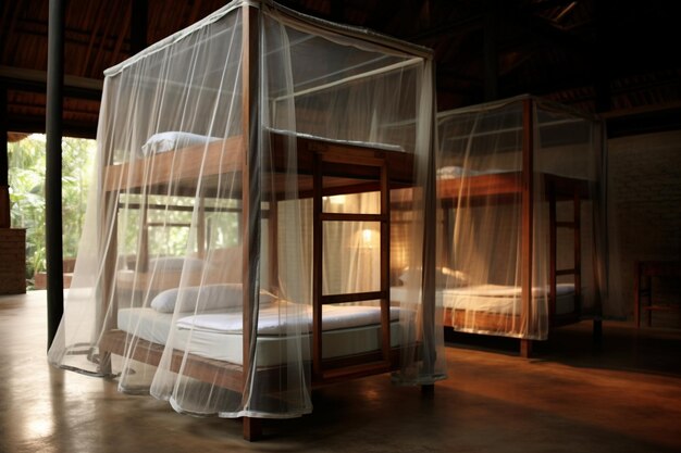 Foto diseños de una cama de dos pisos con mosquiteros instalados en el diseño interior inferior