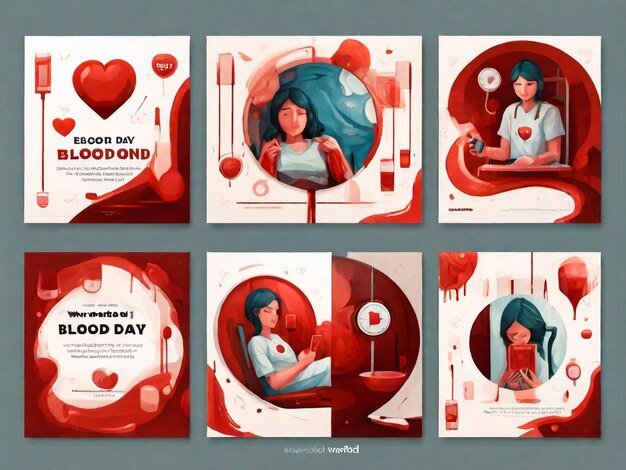 Foto diseños de carteles para el 14 de junio día mundial del donante de sangre con texto y sangre con corpúsculos en una bolsa de transfusión y una gota con latido cardíaco