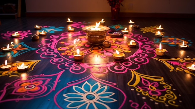 Diseños coloridos de rangoli con velas en el suelo imágenes de stock de diwali fotos de stock realistas