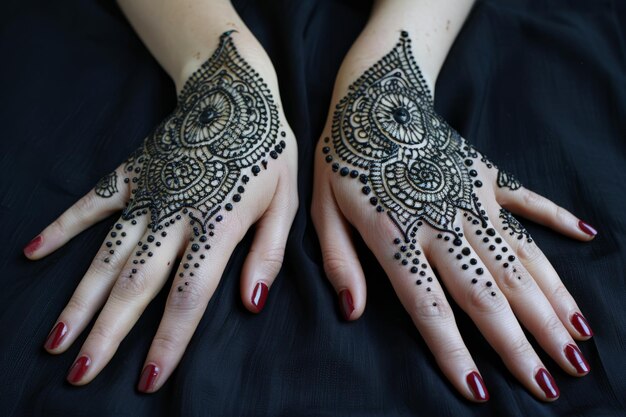 Diseños detallados de henna mehndi en las manos o pies de una mujer Preparaciones de Teej