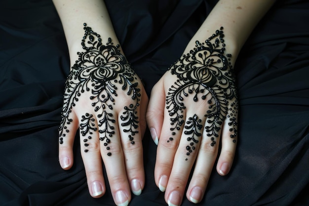 Diseños detallados de henna mehndi en las manos o pies de una mujer Preparaciones de Teej