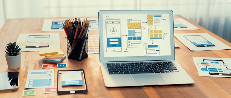 Foto diseños de estructura alámbrica digital y en papel para aplicaciones web o móviles ui ux display en la pantalla de una computadora portátil toma panorámica del espacio de trabajo del desarrollador para la lluvia de ideas y el marco de la aplicación de diseño examinar