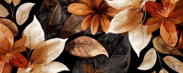 Diseños florales abstractos con pétalos y hojas en capas en tonos de tierra que evocan un exuberante jardín botánico