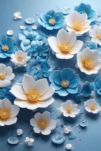 Diseños de flores azules y blancas en 3D.