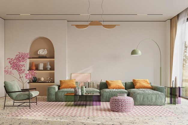 Foto diseños interiores coloridos y vibrantes de la sala de estar adornados con muebles acogedores