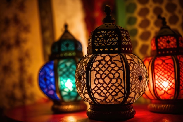 Diseños de viejas tradiciones de linternas para encender el mes sagrado de oración en ramadán AI generado