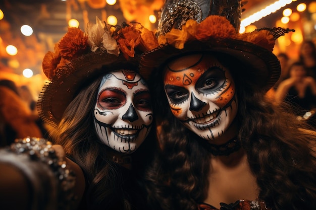 Disfraces de Halloween tomándose selfies en una fiesta celebrando con amigos IA generativa