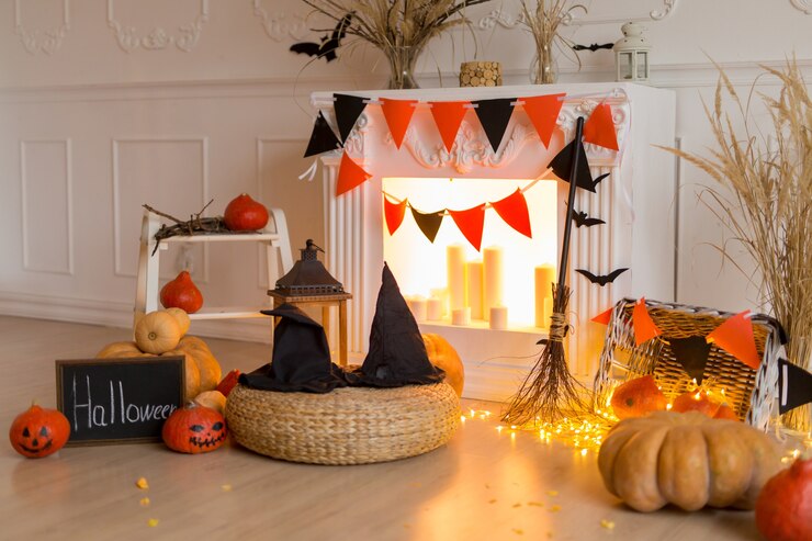 Foto disfraz de bruja de halloween con calabaza y escoba interior