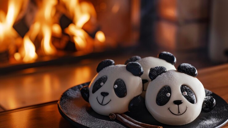 Foto disfruta de estos adorables panqueques de panda junto al fuego con su llamativo diseño en blanco y negro y un