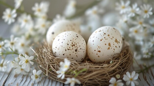 Disfruta de la belleza de la primavera como huevos de Pascua anidados entre las flores en una mesa de madera blanca AIGenerado