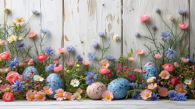 Disfruta de la belleza de la primavera como huevos de Pascua anidados entre las flores en una mesa de madera blanca AIGenerado