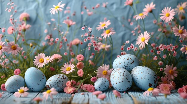 Disfruta de la belleza de la primavera como huevos de Pascua anidados entre las flores en una mesa de madera blanca AIGenerado