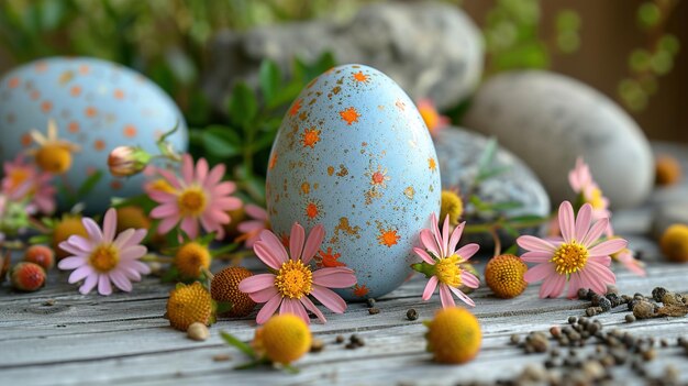 Foto disfruta de la belleza de la primavera como huevos de pascua anidados entre las flores en una mesa de madera blanca aigenerado