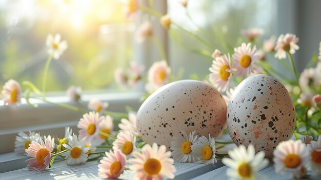 Foto disfruta de la belleza de la primavera como huevos de pascua anidados entre las flores en una mesa de madera blanca aigenerado