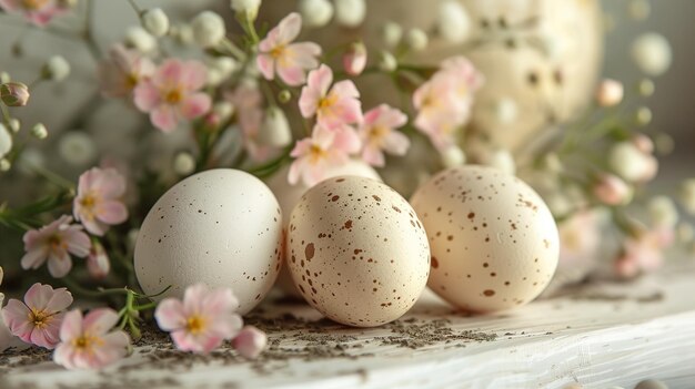 Foto disfruta de la belleza de la primavera como huevos de pascua anidados entre las flores en una mesa de madera blanca aigenerado