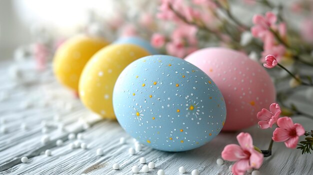 Foto disfruta de la belleza de la primavera como huevos de pascua anidados entre las flores en una mesa de madera blanca aigenerado