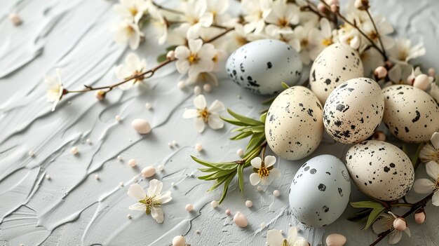 Disfruta de la belleza de la primavera como huevos de Pascua anidados entre las flores en una mesa de madera blanca AIGenerado