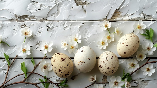 Disfruta de la belleza de la primavera como huevos de Pascua anidados entre las flores en una mesa de madera blanca AIGenerado