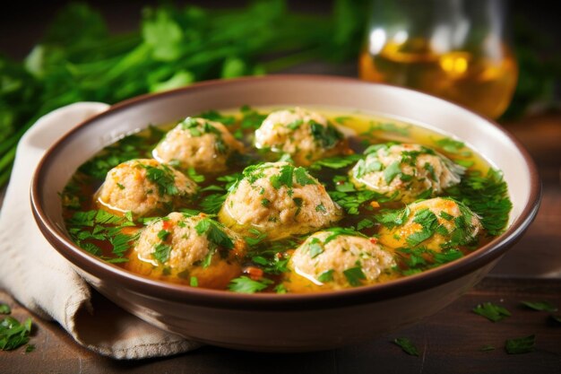 Foto disfruta de un cuenco lleno de colores vibrantes y sabores como bolas de matzo delicadamente