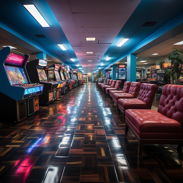 Disfruta de Retro Bliss Sega's Vibrant Blue y Red Arcade Haven en el área de espera de la recepción