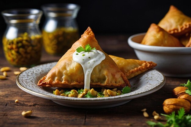 Se disfruta de una samosa con una cucharada de anacardo cremoso