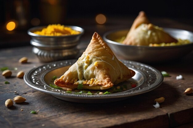 Foto se disfruta de una samosa con una cucharada de anacardo cremoso