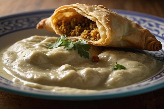 Se disfruta de una samosa con una gota de tahini cremoso