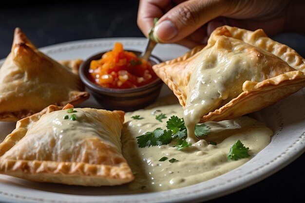 Foto se disfruta de una samosa con una gota de tahini cremoso