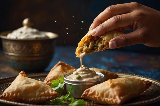 Foto se disfruta de una samosa con una gota de tahini cremoso