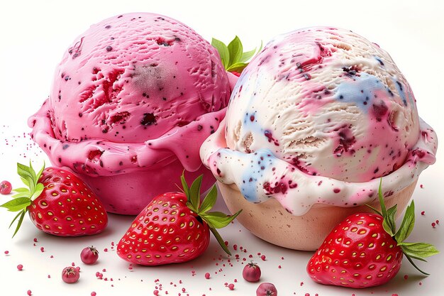 Disfruta del último postre de verano, helado de fresa con un toque de bayas sobre fondo blanco.