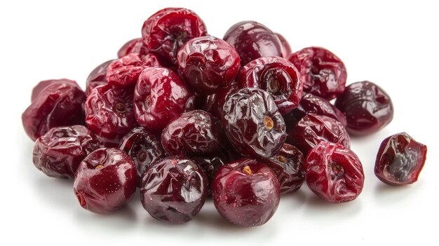 Disfrutando de cerezas secas como un bocadillo saludable sobre un fondo blanco