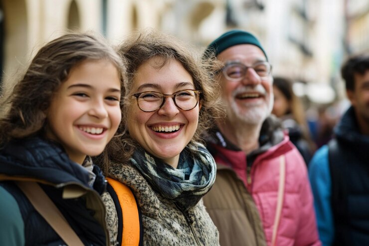 Disfrutando de un momento alegre en una calle animada con familia y amigos IA generativa