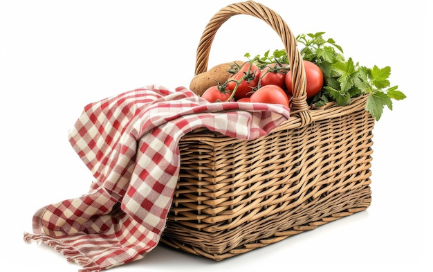 Disfrutando de la naturaleza con la canasta de picnic sobre un fondo blanco