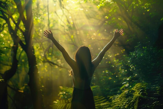 Disfrutando de la naturaleza Mujer joven brazos levantados disfrutando del aire fresco en el bosque verde