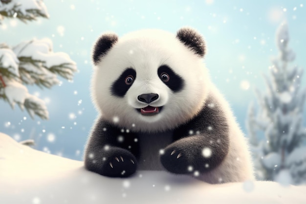 Disfrutando del País de las Maravillas Invernal Lindo Bebé Panda Jugando en la Nieve Vacaciones de Fantasía Mágica y Festiva