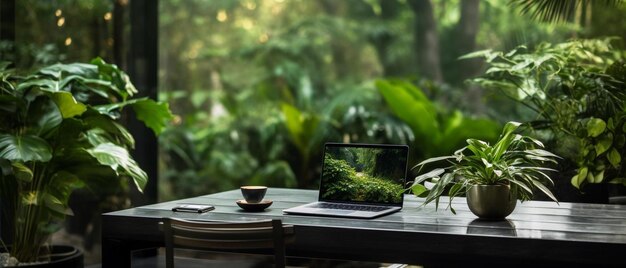 Foto disfrutando de trabajar desde una oficina en casa llena de plantas verdes