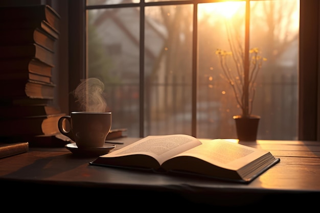 Disfrutando de una tranquila sesión de lectura con una taza de café junto a la ventana