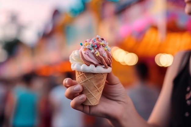 Disfrutar de un helado refrescante en un colorido y animado carnaval o recinto ferial IA generativa