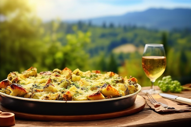 Disfrute del almuerzo en el jardín natural con albóndigas de Bruselas y beba en la mesa de madera