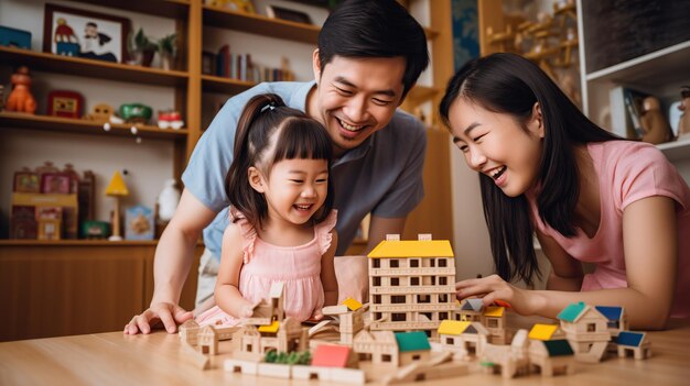 Disfrute del amor feliz, el padre y la madre de una gran familia asiática con una niña sonriente, actividad, aprenda y entrene el cerebro, juegue con juguetes, construya bloques de madera, juego educativo en casa