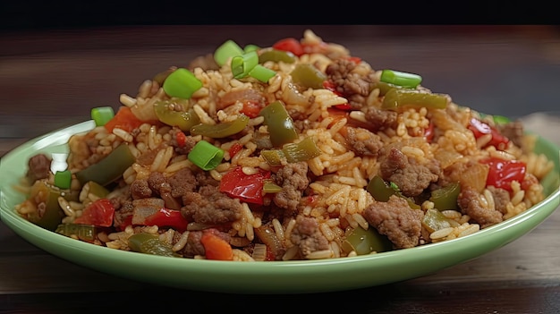 Disfrute de la calidez y la especia del arroz sucio Spicy Cajun cocinado con un estilo sureño y exhibido en un video de cocina de alta calidad de 720p generado por IA