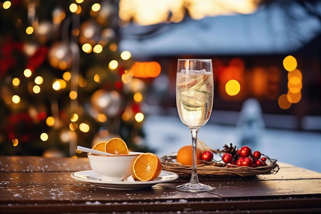 Disfrute de la cena de Navidad con cocteles y bocadillos franceses en la mesa de madera y la decoración