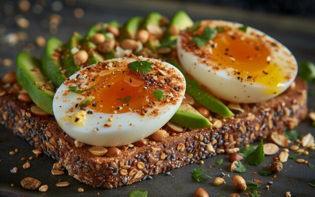 Foto disfrute de una deliciosa tostada de aguacate acompañada de un huevo cocido suavemente y acentos de cebolla