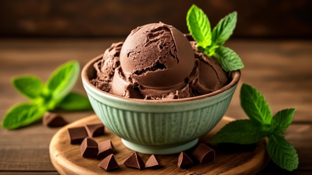 Disfrute del dulce deleite del helado de chocolate adornado con menta fresca y chocolate