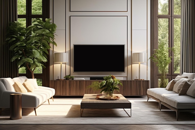Disfrute de la elegancia de un elegante interior de sala de estar con un televisor en un armario de madera