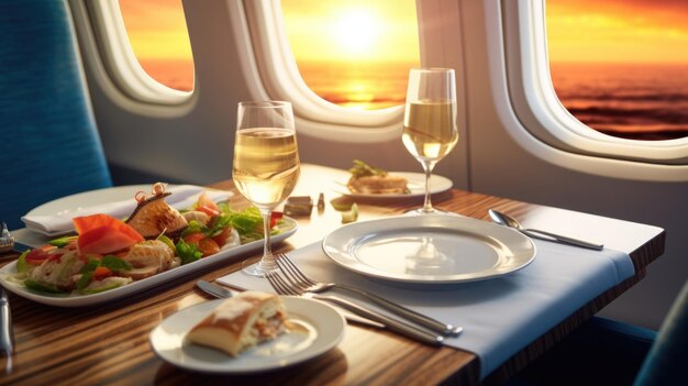 Foto disfrute de una escapada culinaria por encima de las olas mientras come deliciosos platos a bordo de un jet privado